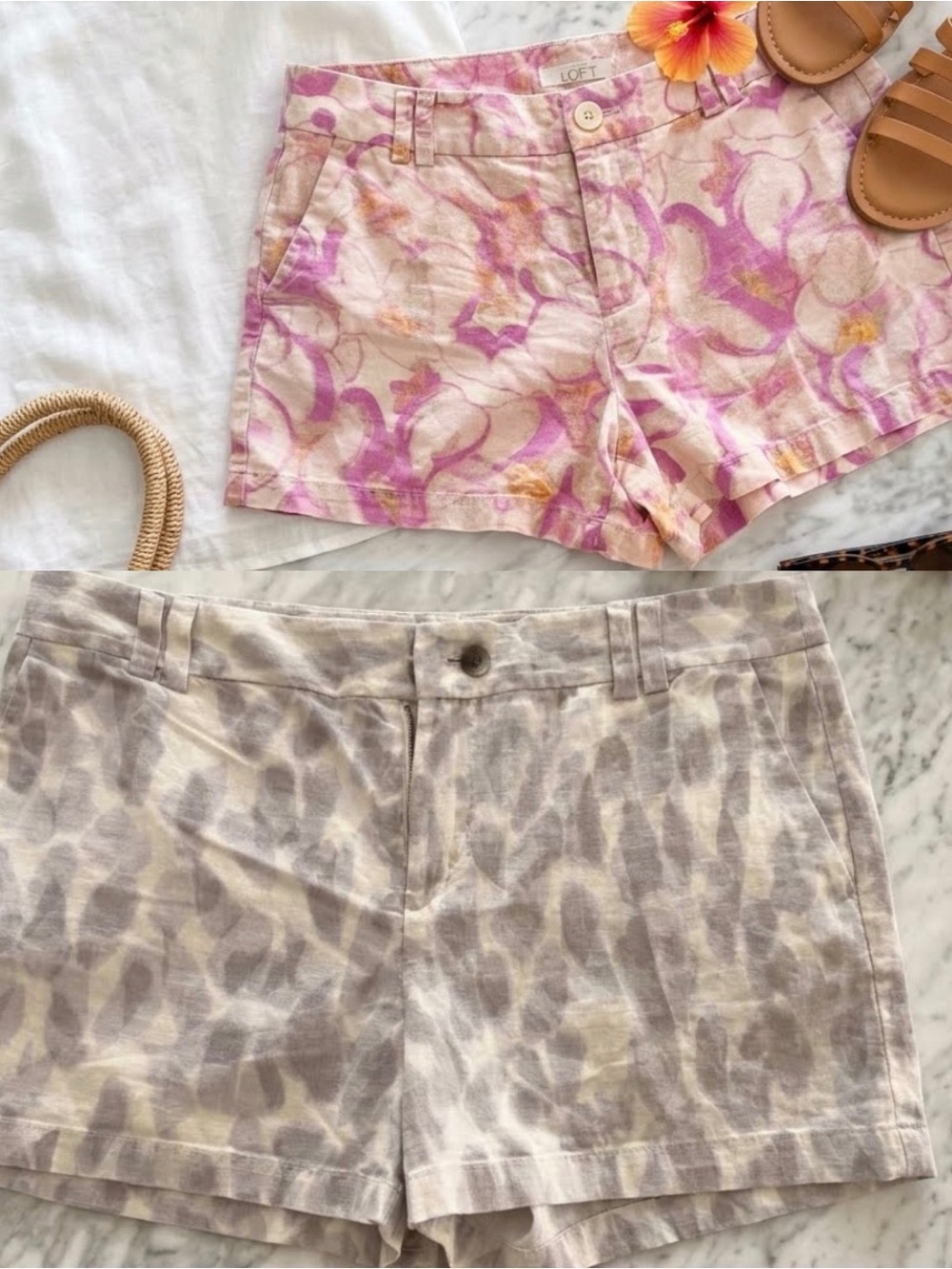 LOFT Womens 10 linen Shorts Duo — Pink Floral & Gray Animal Print 4”inseam
